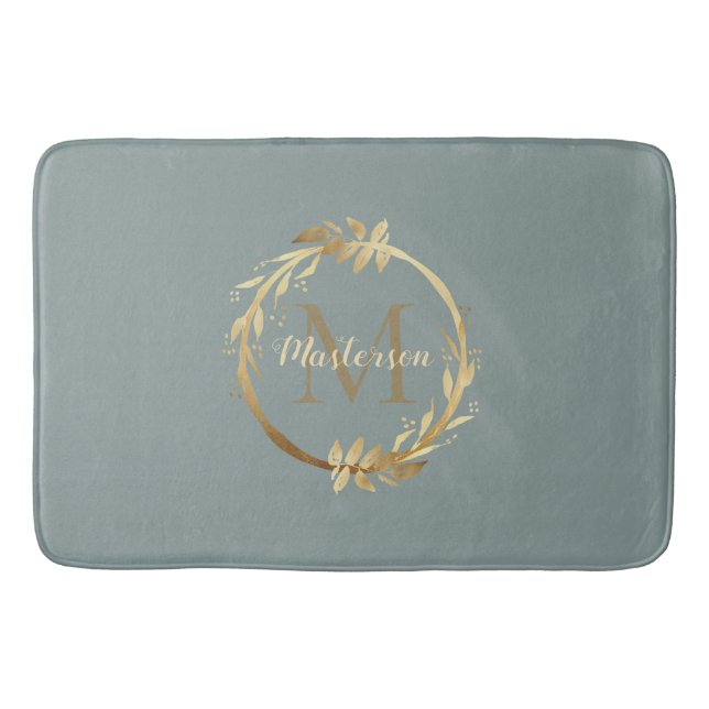Tapis De Bain Chic Sage Green Gold Monogramme Eucalyptus Wreath (Devant)