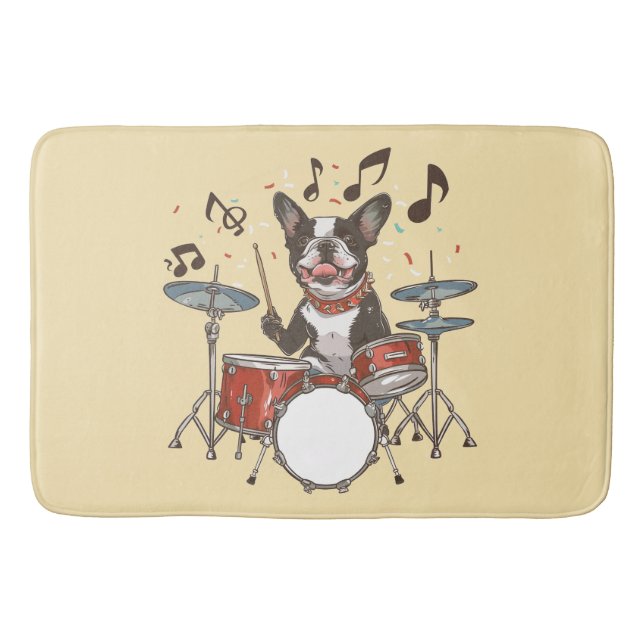Tapis De Bain Chien Boston Terrier jouant de la batterie (Devant)