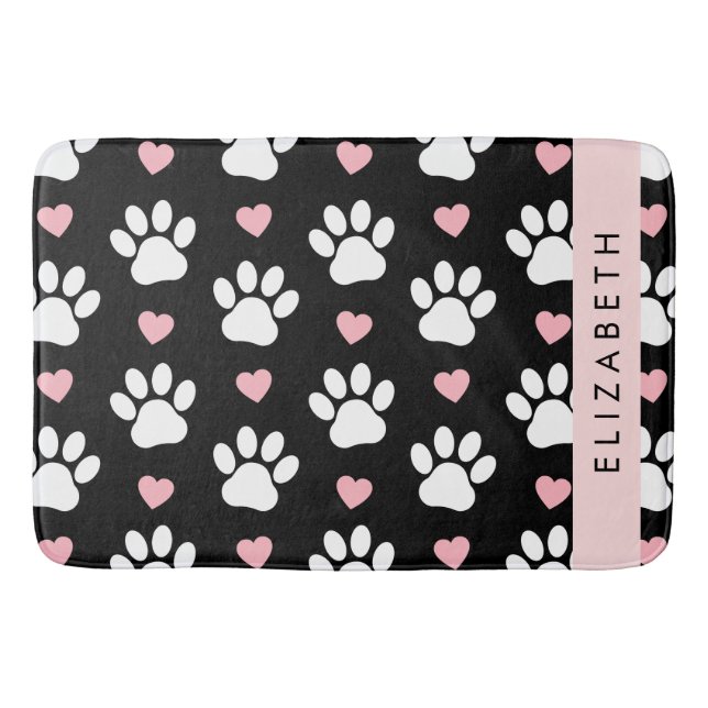 Tapis De Bain Chien Paws, White Paws, Rose Hearts, Votre Nom (Devant)