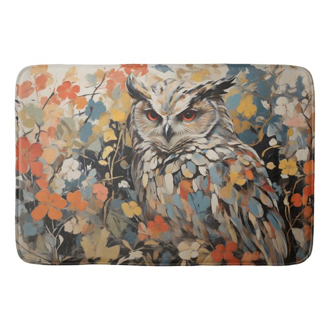 Tapis De Bain Chouette et fleurs en peinture printanière (Devant)