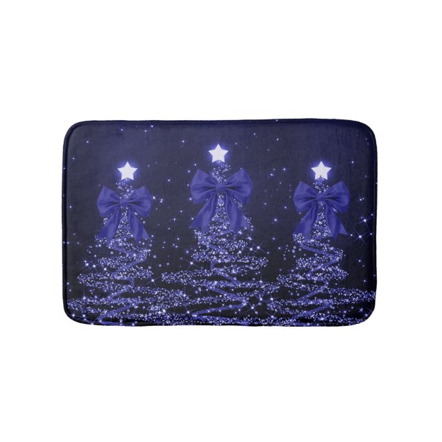 Tapis De Bain Christmas Sparkling Trees Navy Blue Faux Bow  (Devant)