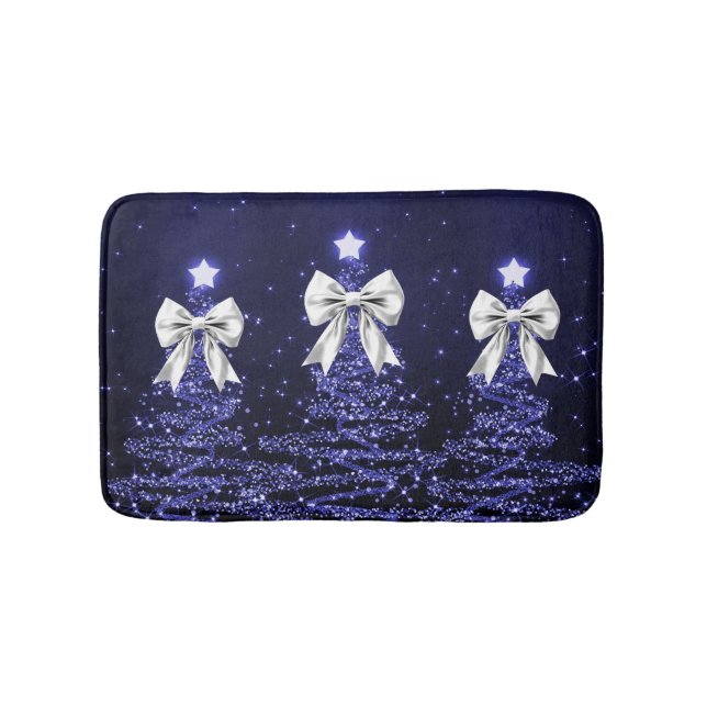 Tapis De Bain Christmas Sparkling Trees Navy Faux Silver Bow  (Devant)