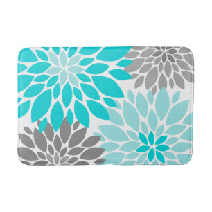 Tapis De Bain Chrysanthèmes turquoise et gris Motif floral