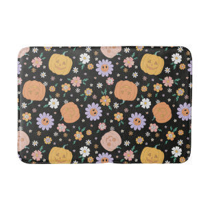 Tapis De Bain Citrouilles d'Halloween rétro et Motif de fleurs