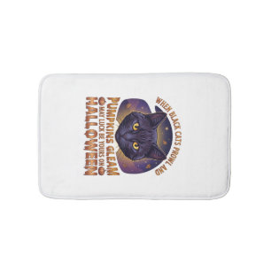 Tapis De Bain Citrouilles Éclairent Halloween Chat Noir Feuilles