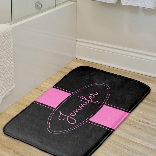Tapis De Bain Classé Elegant Rose Noir Nom personnalisé Personna (Créateur téléchargé)