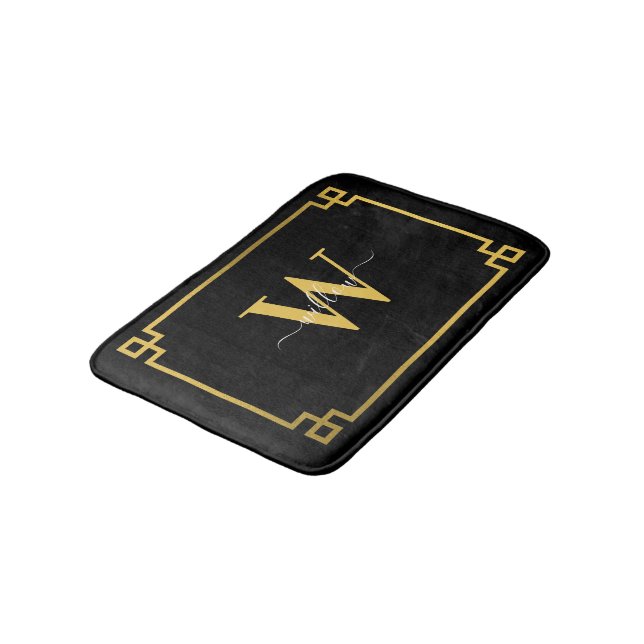 Tapis De Bain Clé grecque noire et or Monogramme (Angle)