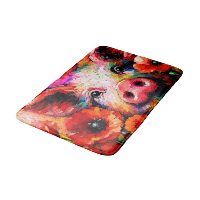 Tapis De Bain Cochon impressionniste dans les fleurs de coquelic (Angle)