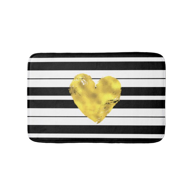 Tapis De Bain Coeur d'or, rayures noires et blanches (Devant)