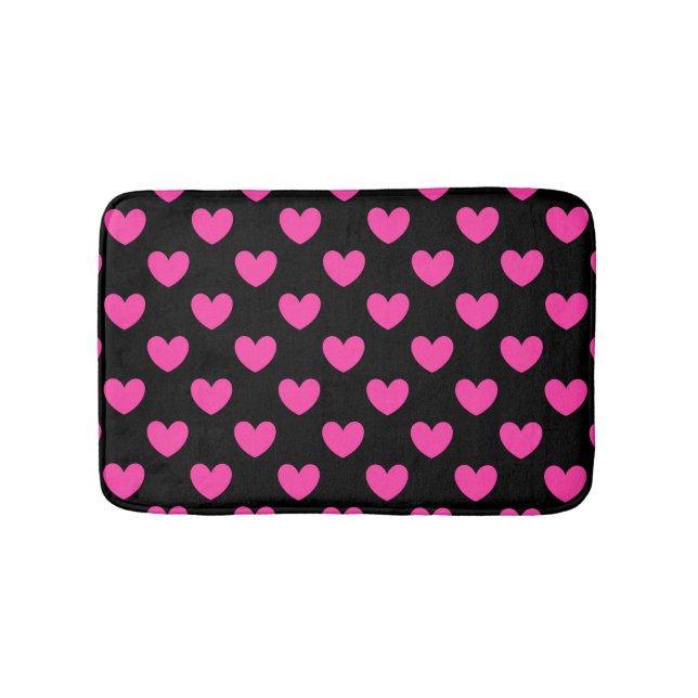 Tapis De Bain Coeurs de polka rose Fuchsia sur noir (Devant)