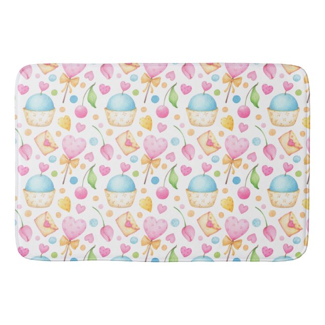 Tapis De Bain Coeurs et cupcakes Motif d'aquarelle (Devant)