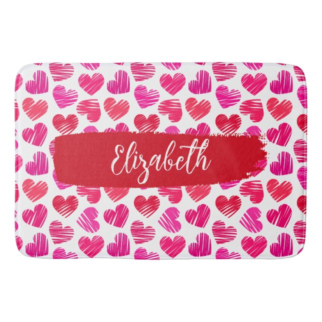 Tapis De Bain Coeurs griffés rouges et roses modernes Valentine  (Devant)