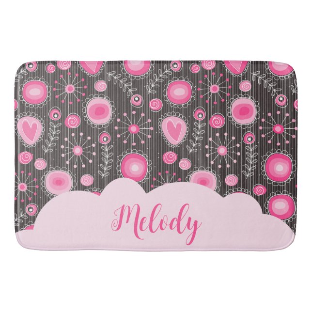 Tapis De Bain Coeurs gris rose blanc et nom fleuri (Devant)