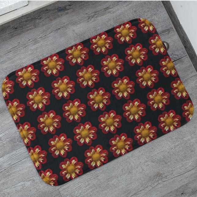 Tapis De Bain Collarette rouge Dahlia motifs floraux sur noir (In Situ)