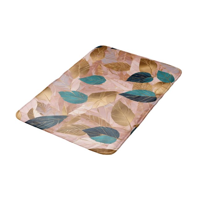 Tapis De Bain Collection moderne de Feuilles Boho en or rose vif (Angle)