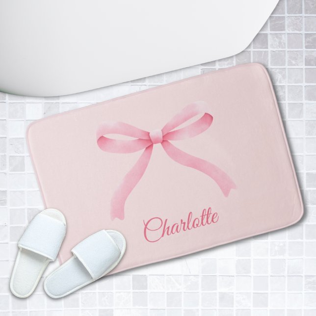Tapis De Bain Coquette à mâchoire rose personnalisée (Personalized Pink Bow Coquette Girly Bathmat)