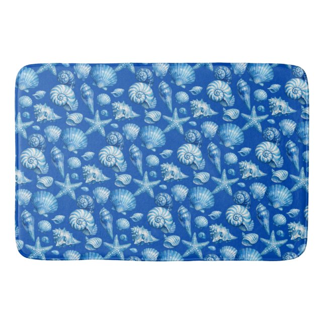 Tapis De Bain Coquillages. Nautique. Bleu. (Devant)