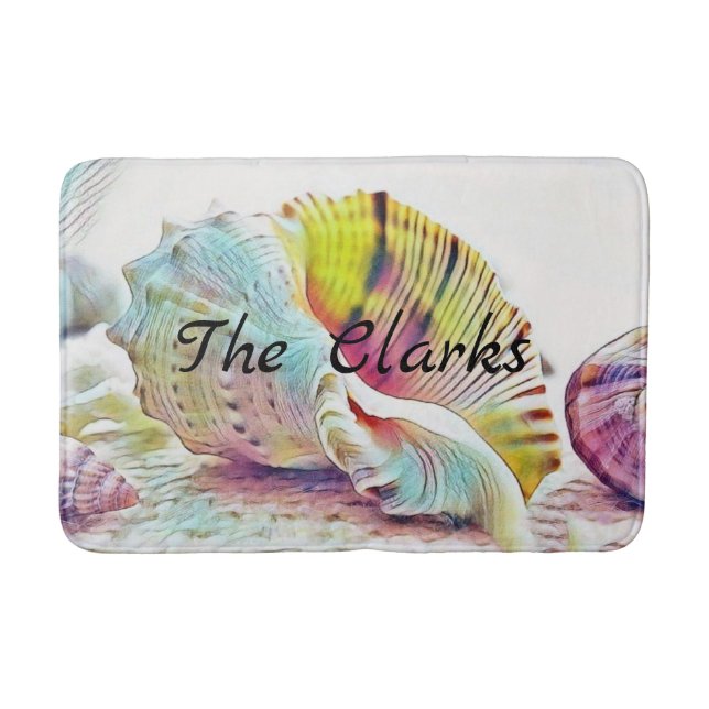 Tapis De Bain Coquillages rose jaune bleu aquarelle (Devant)