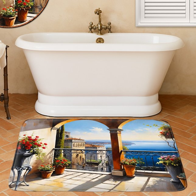 Tapis De Bain Côte Méditerranéenne Balcon Italien (Bath mat featuring a painting of the Italian coast with terra cotta flower pots.)
