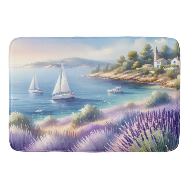 Tapis De Bain Côte méditerranéenne de la Lavande avec voiliers (Devant)