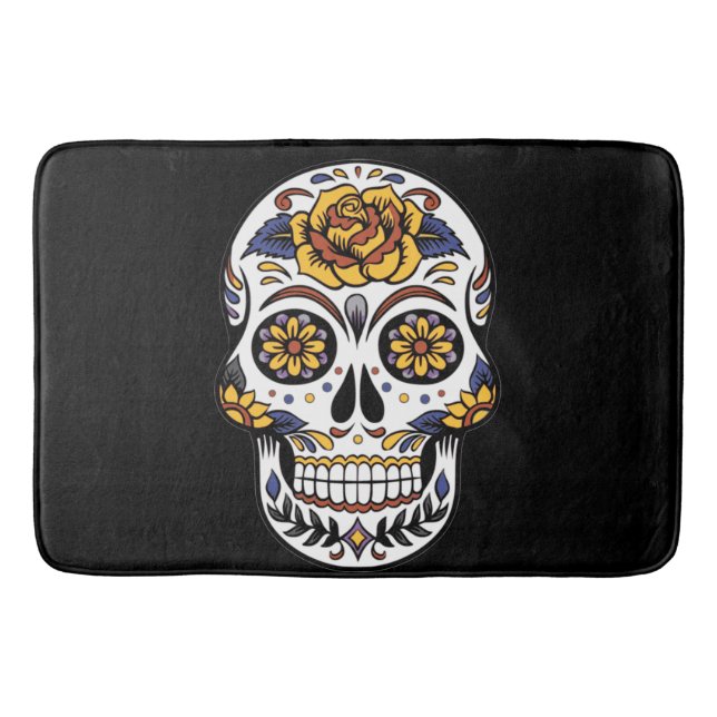 Tapis De Bain Crâne à sucre rose jaune sur noir (Devant)