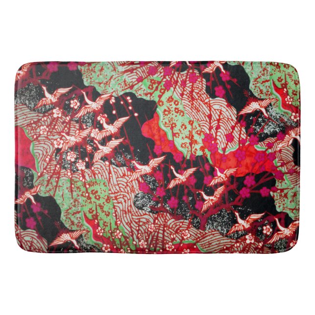 Tapis De Bain CRANES DE VOL, FLEURS DE PRINTEMPS Rouge Floral Ja (Devant)