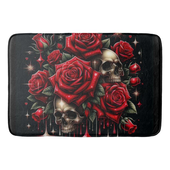 Tapis De Bain Crânes d'or et roses rouges étincelante gothique (Devant)