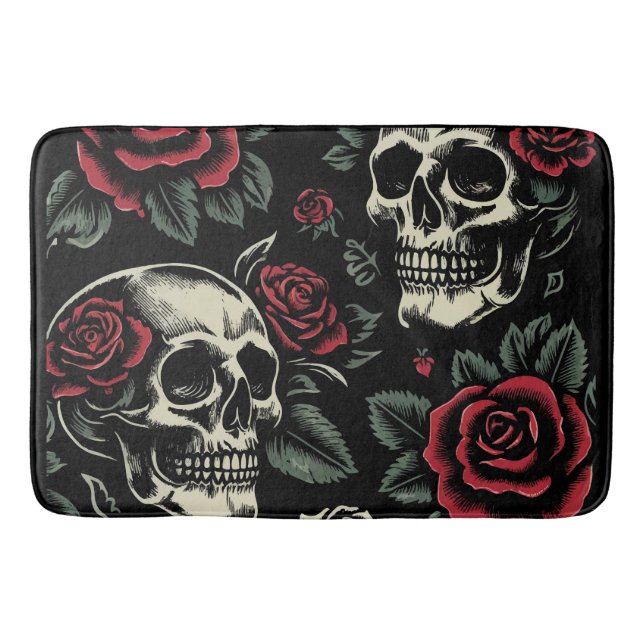Tapis De Bain Crânes et roses rouges Floral gothique (Devant)