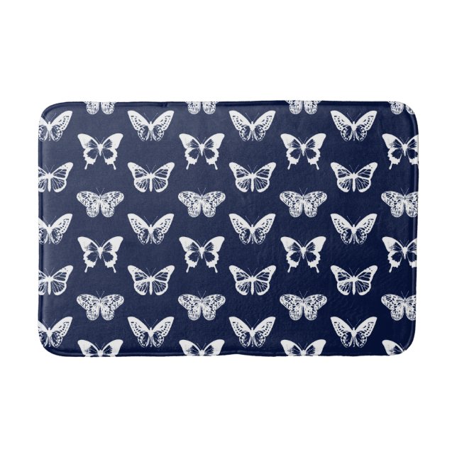 Tapis De Bain Croquis papillon, bleu marine et blanc (Devant)