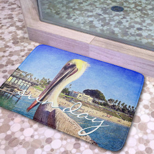 Tapis De Bain Cute Beach Pelican Bird Photo Jour du Soleil Scrip