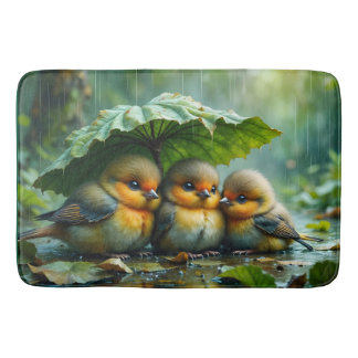 Tapis De Bain Cute fluffy birds hiding under leaf in rain