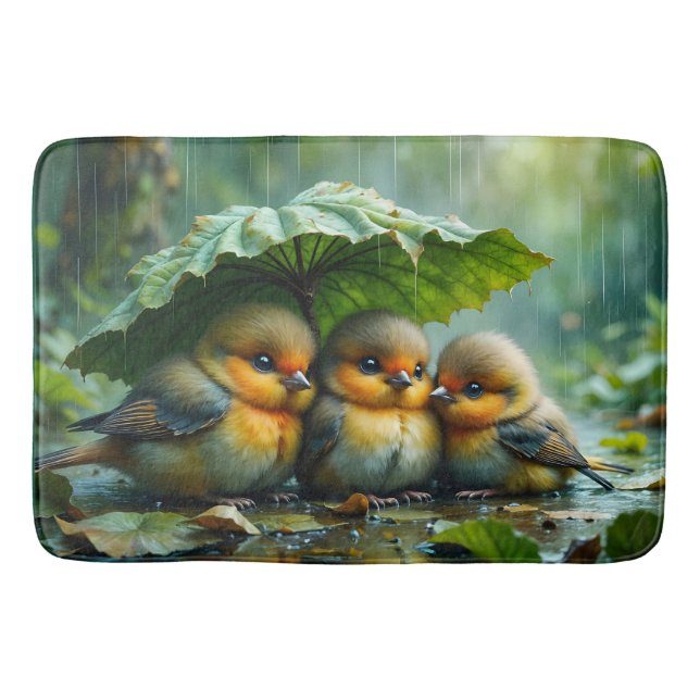 Tapis De Bain Cute fluffy birds hiding under leaf in rain (Devant)
