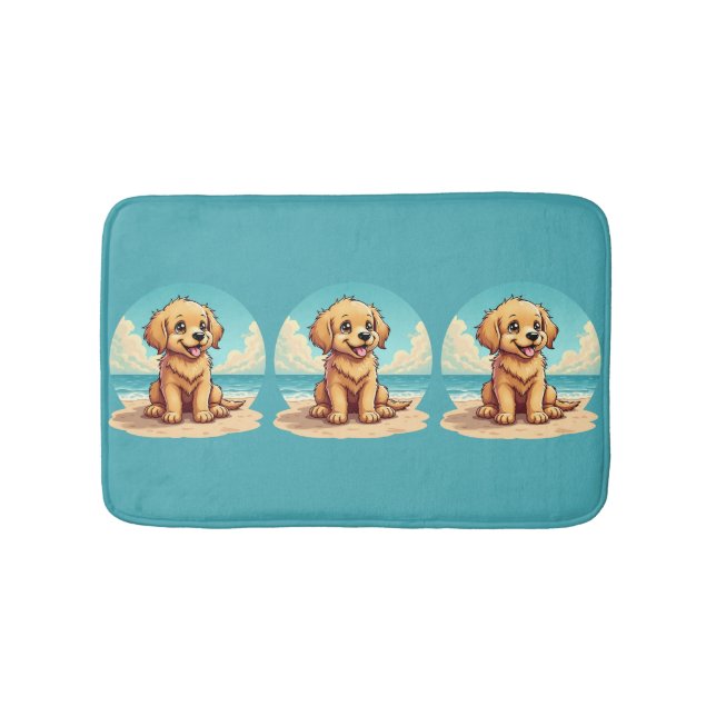 Tapis De Bain Cute Golden Puppy at Sunny Beach Scene (Devant)
