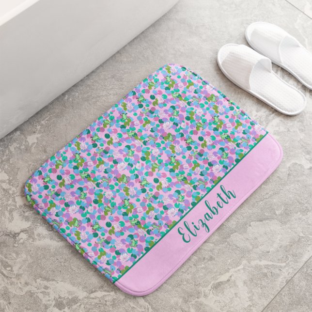 Tapis De Bain Cute Pink and Green Frogs Nom personnalisé Fille (Créateur téléchargé)