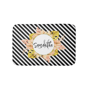 Tapis De Bain Cute Stripes et Monogramme Floral