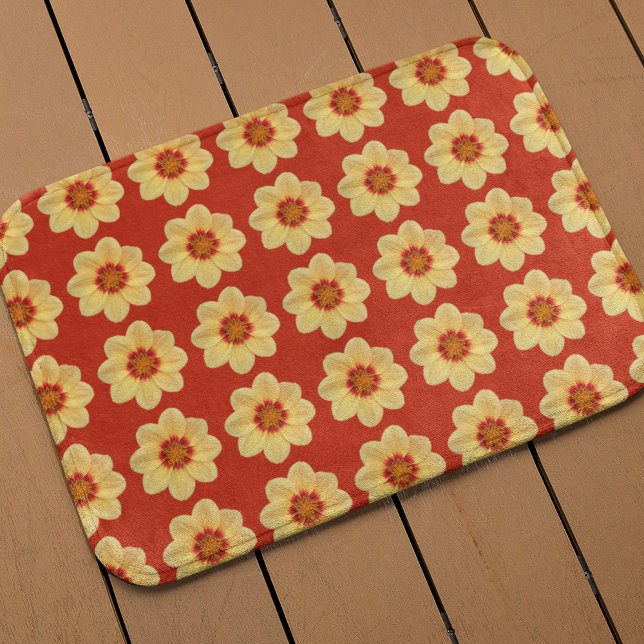 Tapis De Bain Dahlia jaune motif floral sur rouge (In Situ)