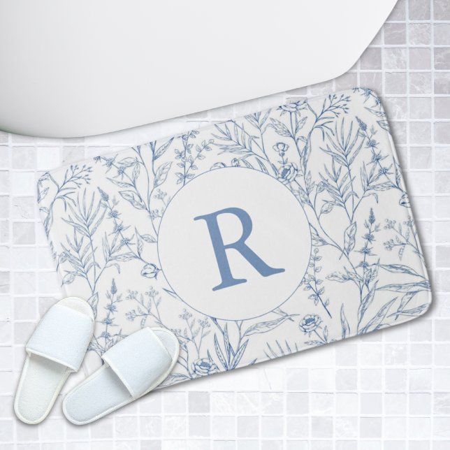 Tapis De Bain Dainty Bleu et Blanc Floral Monogramme Bain Mat (Dainty Blue & White Floral Monogram Bath Mat
)