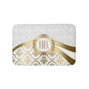 Tapis De Bain Damas Florales Blanches Et Dorées