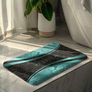 Tapis De Bain Damas florales turquoise et noire