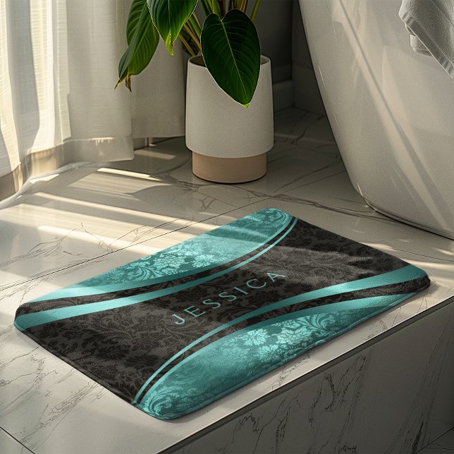Tapis De Bain Damas florales turquoise et noire (Créateur téléchargé)
