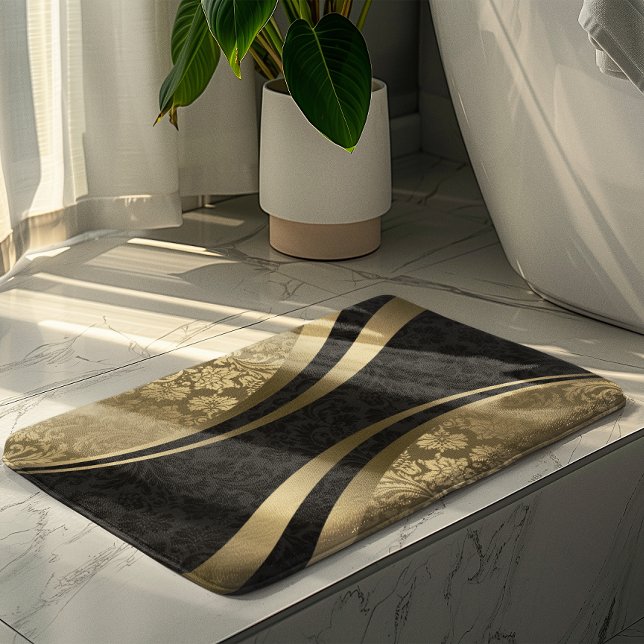 Tapis De Bain Damas géométriques dynamiques noir et or (Créateur téléchargé)