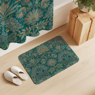 Tapis De Bain Damassé botanique bleu sarcelle orange vert