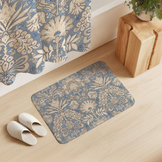 Tapis De Bain Damassé Botanique Crème Ardoise Bleu Beige