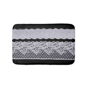 Tapis De Bain Dentelle blanche ornementale, arrière - plan noir