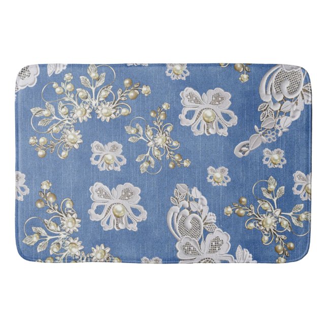Tapis De Bain Dentelle Denim - Ivoire Perles Répéter le Motif (Devant)