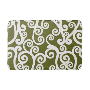 Tapis De Bain Design élégant, motif floral, vert olive, blanc