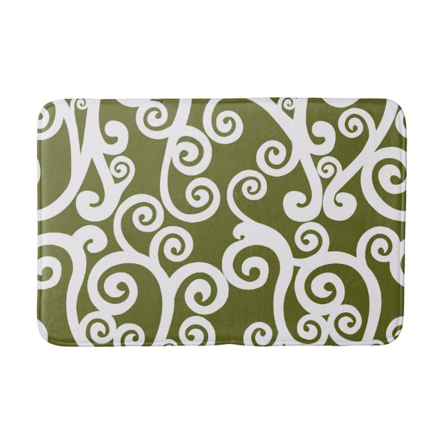 Tapis De Bain Design élégant, motif floral, vert olive, blanc (Devant)