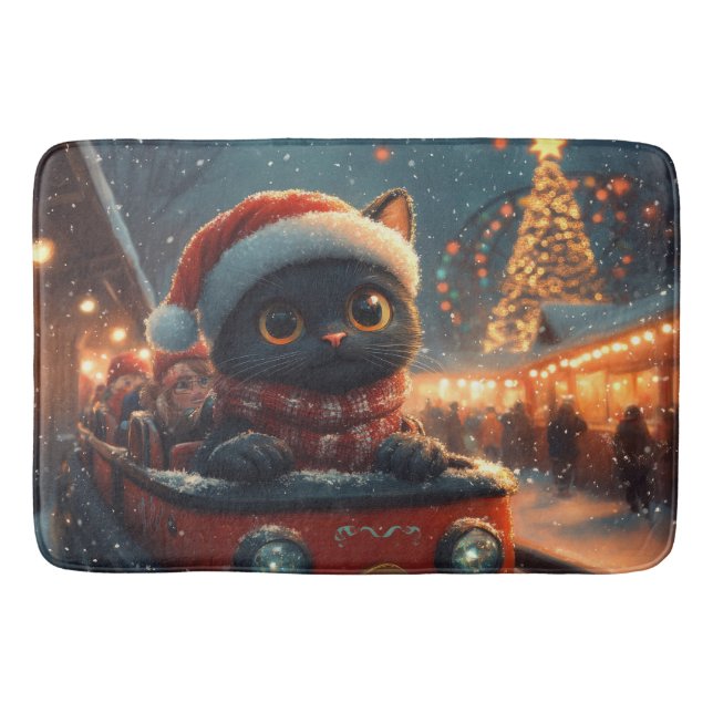 Tapis De Bain Dessous de verre noir à rouleaux de chat Noël (Devant)