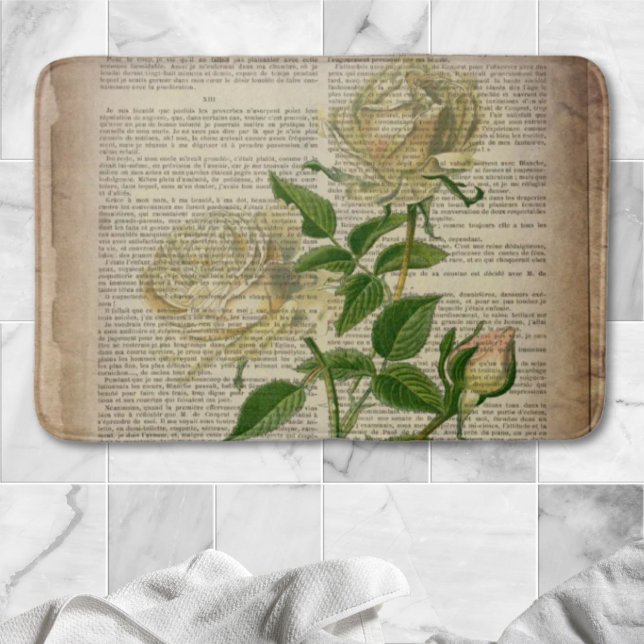 Tapis De Bain dictionnaire français botanique rose blanche (dictionary french country botanical white rose bath mat)
