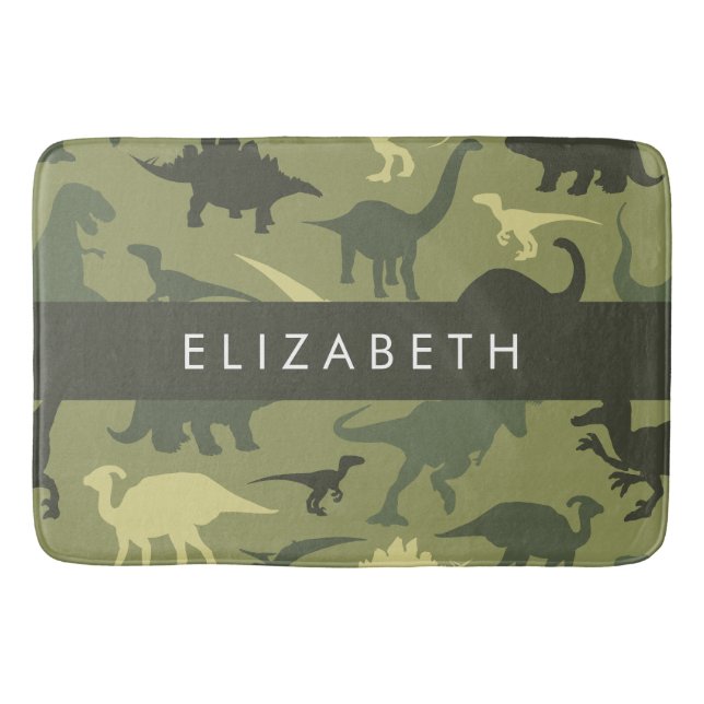 Tapis De Bain Dinosaure Motif, Dinosaur Silhouette, Votre Nom (Devant)